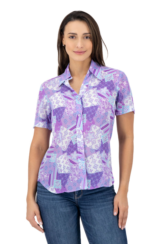 Blusa Color Violeta Estampado Azul